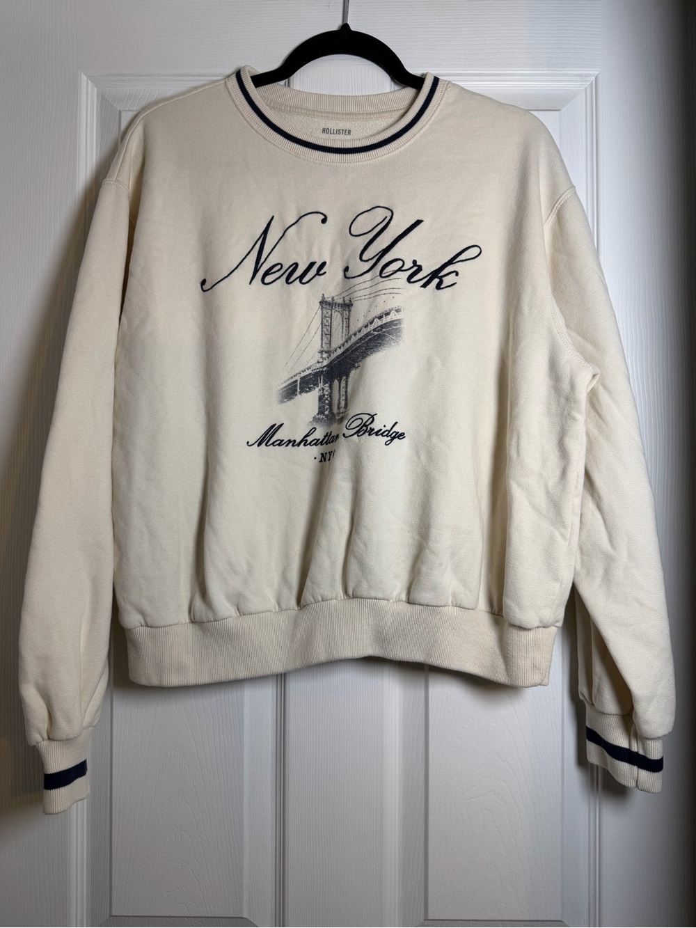 Hollister Cream Varsity Crewneck Sweatshirt Size XS Navy Stripe Trim